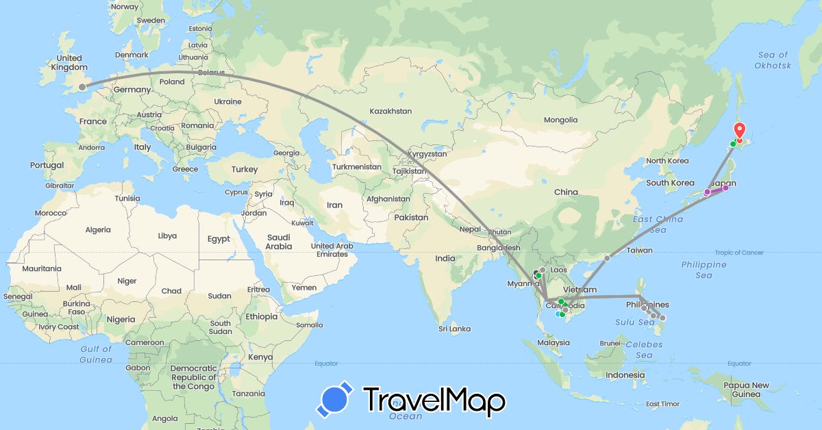 TravelMap itinerary: driving, bus, plane, train, hiking, boat, motorbike in United Kingdom, Cambodia, Philippines, Thailand (Asia, Europe)